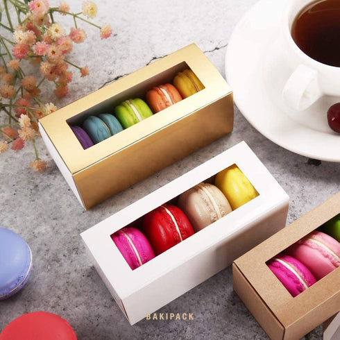 BAKIPACK 25 Macaron Boxes for 4 or 5 Macarons Gold Macaron Gift Boxes?Candy Gift Boxes, Macarons Box with Clear Window (Interior Measurement 4.8" x 1.8" x 1.8" without Macaron inside)