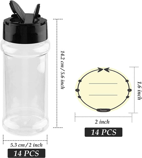 TUZAZO 8 oz Clear Plastic Spice Jar with Shaker Lids and Labels, Empty Spice Jars Bottles Plastic Seasoning Containers for Storing Spice, Herbs and Seasoning Powders (14 Pack)