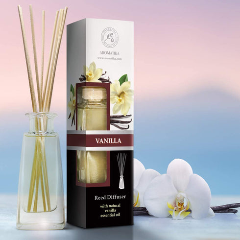 Reed Diffuser with Natural Essential Oil Vanilla 3.4 oz (100ml) - Scented Reed Diffuser - Non Alcohol - Gift Set with Bamboo Sticks - Best for Aromatherapy - SPA - Home - Office - Fitness Club