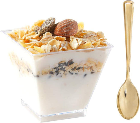 Supernal 2oz Square Plastic Mini Dessert Cups with Gold Spoons, Plastic Parfait Appetizer Cup, 100pcs Dessert Cups?100pcs Gold Spoons?Serving for Tasting Party Desserts Appetizers