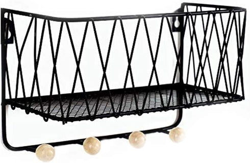 Wall Mount Storage Organizer Metal Mail Sorter Basket for Letter Magazine with 4 Wooden Hooks for Key Leash Bag Hat Coat at Entryway Hallway Mudroom Kitchen Bathroom Office (Black, Small)
