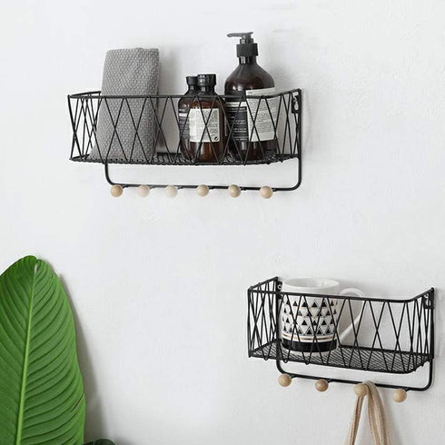 Wall Mount Storage Organizer Metal Mail Sorter Basket for Letter Magazine with 4 Wooden Hooks for Key Leash Bag Hat Coat at Entryway Hallway Mudroom Kitchen Bathroom Office (Black, Small)