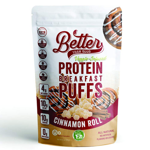 Better Than Good Sweet Keto, Gluten-Free Cinnamon Roll Crunch Protein Puffs (8oz Bag) - Paleo, Low Sugar, Low Calorie, Diabetic Friendly Snacks | 10g Protein & 2 Servings of Fruits & Veggies