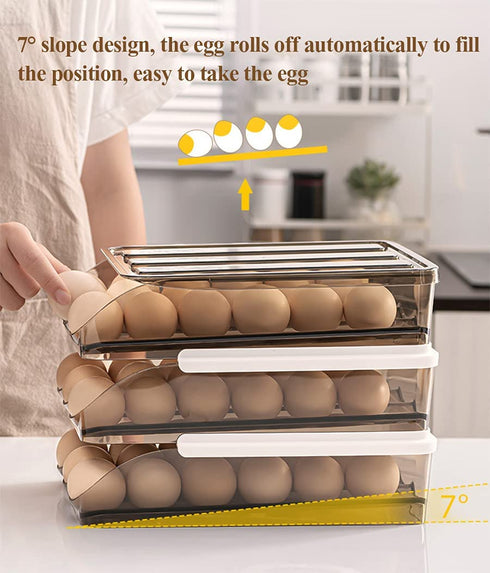 Egg holder for refrigerator Automatic Rolling, Egg Storage box Brown Transparent Drawer, Egg Tray Fridge Organizer For Household, Smart Stackable Devil Egg Container with Lid (Two Layers)