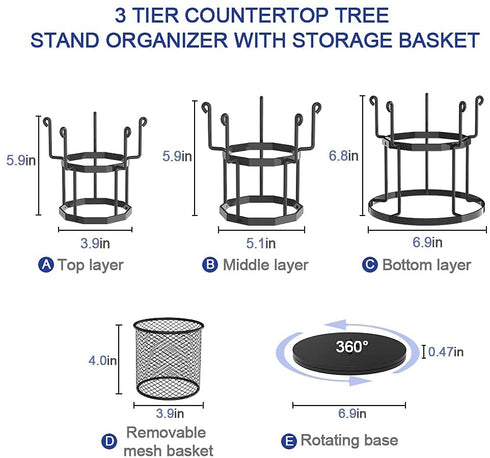 360 Rotating Coffee Mug Holder, Auledio 3 Tier Mug Tree Stand for Counter, Metal Tea Cup Rack Holder Tabletop Mug Display Rack, Holds 15 Mugs, Black