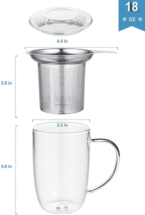 Enindel 3020.04 Glass Tea Mug with Infuser and Lid, Tea Cup, Clear, 18 OZ, GM004