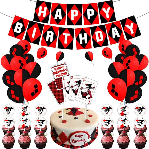 JUZIPI Harly Quinn Birthday Party Decorations Supply Accessories Bunting Banner Balloon Cute and Lovely Birthday Decorations Garland Set for Kids Children Boys and Girls