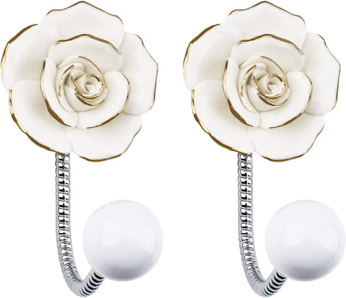 UFURMATE Coat Hooks, 2Pcs 3D Flower Ceramic Wall Coat Hook Decorative Flower Wall Mounted Hooks Single Prong Robe Hook for Hanging Scarf, Bag, Towel, Hat (Light Yellow Rose)
