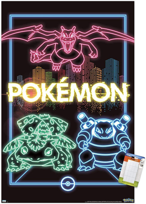 Trends International Pok©mon - Neon Group Wall Poster, 22.375" x 34", Poster & Mount Bundle