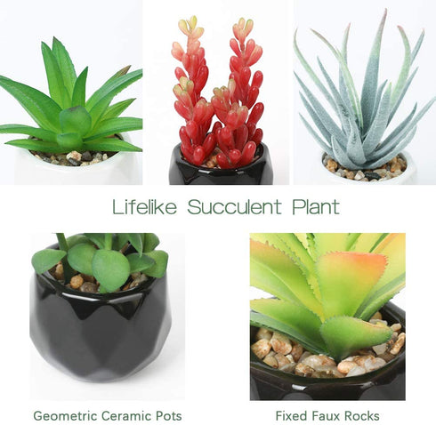 Veryhome Fake Succulent Plants Artificial Faux Succulents Mini Potted Plastic Succulents for Home Office Room Deco (Black Geometric Potted - 4pcs)