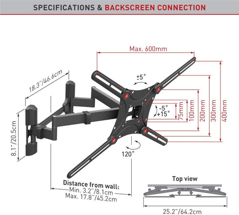Barkan TV Wall Mount, 13 - 90 inch Dual Arm Full Motion Articulating - 4 Movement Flat / Curved Screen Bracket, Holds up to 132 lbs, Extra Stable, Lifetime Limited Warranty, Fits LED OLED LCD