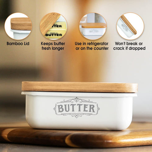ThePerfectPicks Farmhouse Butter Dish with Lid for Countertop, Butter Keeper & Holder, Butter Container for Fridge with Wooden Freshness Seal, Enhance Kitchen Decor, Holds Two Sticks of Butter