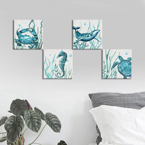 Blue Wall Art Kids Room Decor Whale Seahorse Turtle Crab Pictures Canvas Prints For Home Bedroom Bathroom Decoration Boho Ocean Beach Theme Navy Sea Animals Turquoise Paintings Artwork Children Gift 4 Panels