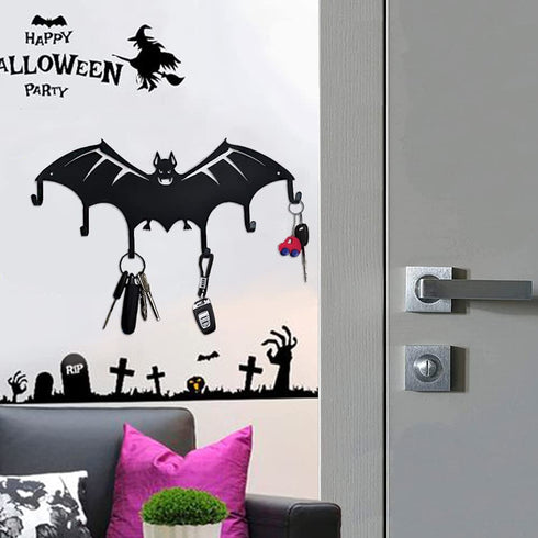 Bat Key Holder for Wall Halloween Theme Metal Key Rack with 6 Hooks Coat Hat Organizer Hanger for Entryway Hallway Kitchen Office Decorative Black 16.5 x 9.4 Inch