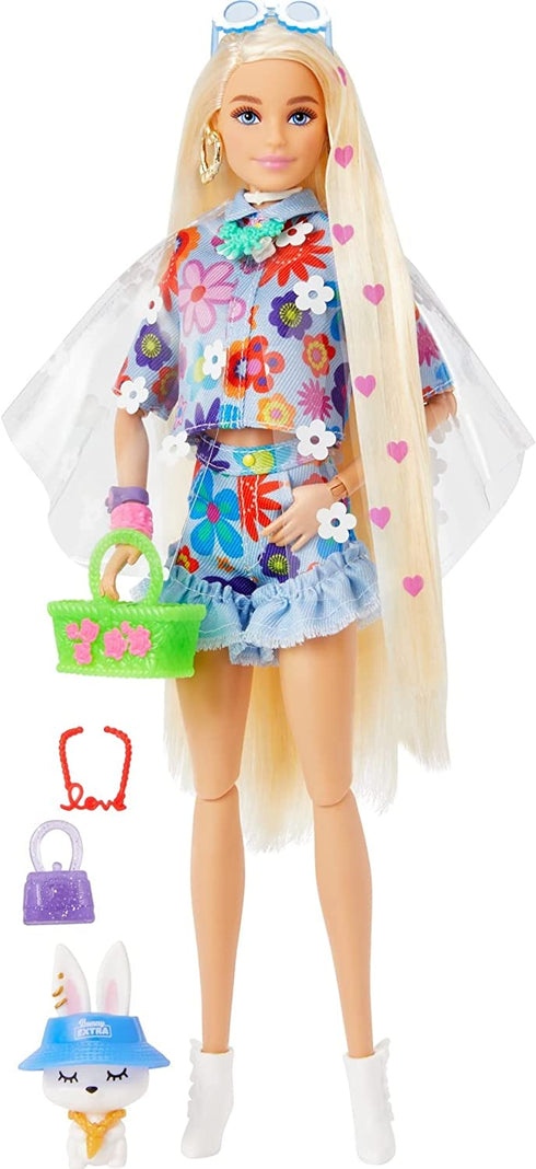 Barbie Dolls and Accessories, Extra Fashion Doll, Long Blonde Hair with Heart Icons and Pet Bunny, Floral Fashion, Toys and Gifts for Kids