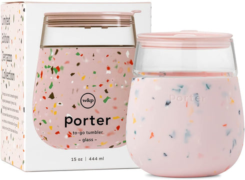 W&P Porter Portable Cocktail Glass with Protective Silicone Sleeve, Terrazzo Blush, 15 Ounces, On-the-Go, Reusable Wine Tumbler with Slide-lock Lid, Dishwasher Safe, 15 oz