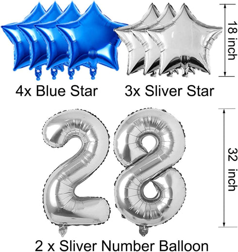 28th Birthday Decorations for Men Women Boy Girl,Blue Black Birthday Party Supplies with 28 Silver Number Balloon Happy Birthday Banner for 28th and 82nd Birthday Party