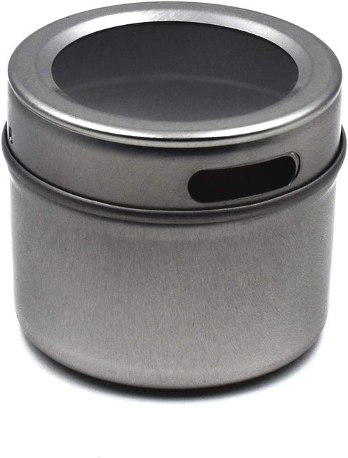 CMS MAGNETICS - 12 Count Magnetic Spice Tin Jars Set with Clear Ingredient Sticker Labels for Kitchen, Refrigerators, and Wall Mount Organizer