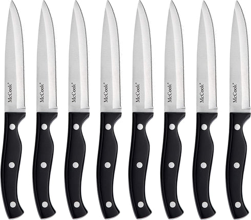 McCook MC55 Steak Knives - 8 Pieces Full Tang Serrated Stainless Steel Steak Knife Set, Black