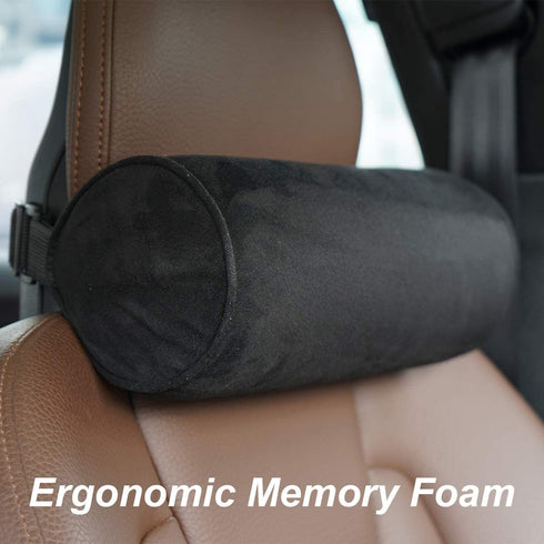 Car Neck Pillow for Pain Relif 11.4''x4.3'',Car Headrest Cervical Bolster Pillows,Round Roll Adjustable Strap Neck Support Chair Pillow(Black)