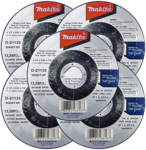 Makita 5 Pack - 4.5" Cut Off Wheels For Grinders - Flush Cutting For Stainless Steel & Metal - 4-1/2" x .045 x 7/8-Inch