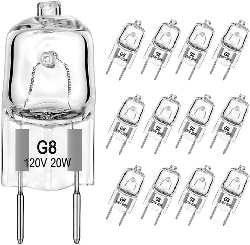 G8 Halogen Light Bulbs 20Watt 120Volt Halogen Light Bulb G8 Base Bi-Pin Shorter 1-3/8" (1.38") Length 20W T4 JCD Warm White Under Cabinet Puck Lighting Replacements,12Pack