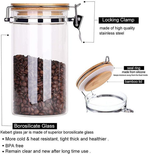 Lanyani Airtight Storage Glass Jars with Bamboo Clamp Lids and Spoons, Leak Proof Clear Glass Container Kitchen Food Storage Canister Set for Coffee, Flour, Sugar, Candy, Cookie(1 40oz Jar+Spoon)