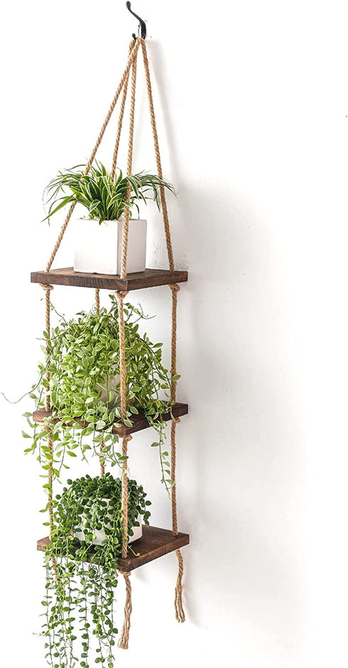 Titanape Hanging Plant Shelf with Jute Rope, 3 Tier Hanging Book Shelves for Kids Room/ Nursery/ Living Room/ Bedroom, Small Bathroom Floating Shelves for Wall Storage, Rustic Wood Shelves for Wall