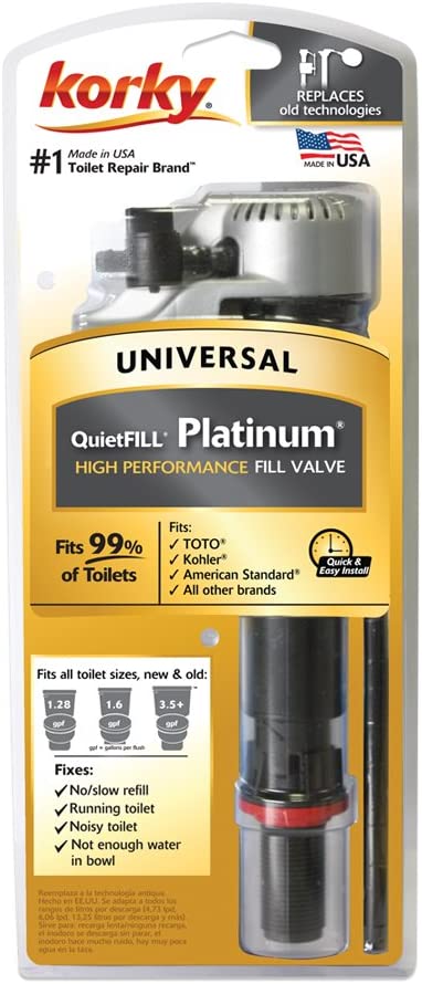 Korky 528MP QuietFILL Platinum Fill Valve-Fits Most Toilets-Easy to Install-Made in USA, Universal 99%, Black