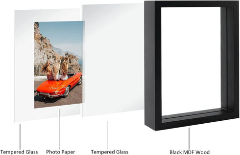 Trwcrt 2 Pack 4x6 Floating Picture Frame, Double Side Tempered Glass Picture Frames?Display up to 6 x 8 photos for Desktop or Wall Hanging, Black