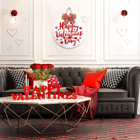 Happy Valentine's Day Hanging Sign, Round Wooden Red Heart Valentines Day Decor Front Door Sign with Ribbon Bow for Valentine's Day Front Door Wall Rustic Farmhouse Porch Decorations, 12 Inch (Red)