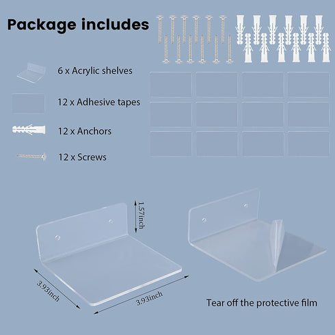 6 Pack Small Acrylic Floating Shelves for Wall, Wall Mounted Hanging Display Shelves for Plants, Funko Pop Figures, Adhesive Shelf for Bedroom, Picture Toy Clear Display Stand