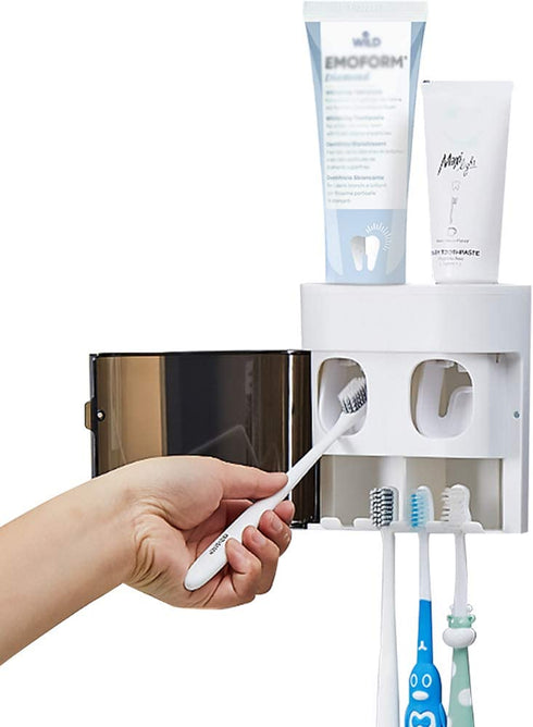 QQJ Wall-Mounted Toothbrush Holder-Electric Toothbrush Holder with Two Toothpaste squeezers and Toothbrush Storage Box. Automatic Toothpaste Dispenser with dust Cover, Suitable for Bathroom (White)