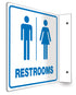 Accuform"Restrooms", 90D Projection Sign, 8" x 8" Panel, 0.10" Thick High-Impact Plastic, Pre-Drilled Mounting Holes, Blue on White