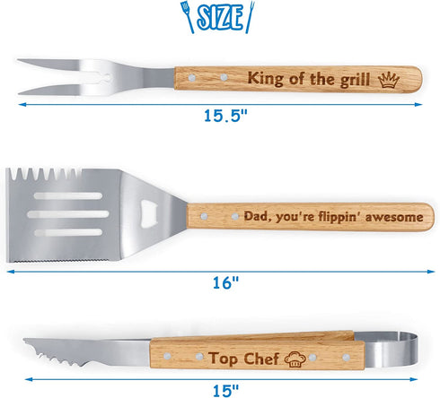 BBQ Grill Set Gift for Dad Engraved King of The Grill Summer Barbecue Christmas Housewarming Gift Set of 3