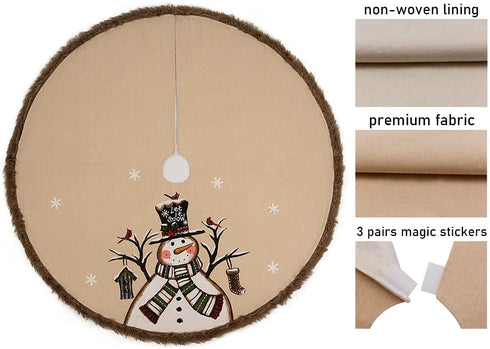 Snowman Tree Skirt 48 Inch with Brown Faux Fur Trim Border for Christmas Tree Decorations, Rustic Farmhouse Xmas Tree Skirt with Unique Hand Paint Snowman and Snowflakes