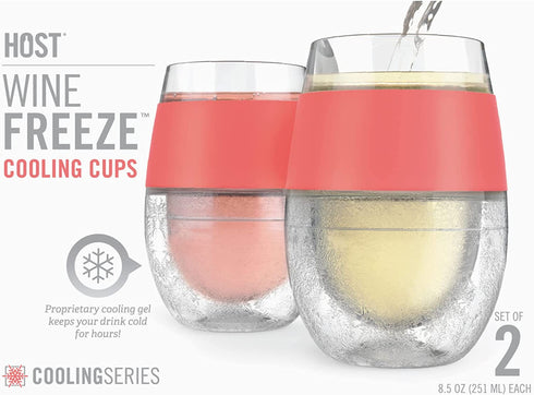 Host Wine Freeze Cup Set of 2 / Plastic Double Wall Insulated Wine Cooling Freezable Drink Vacuum Cup with Freezing Gel, Wine Glasses for Red and White Wine, 8.5 oz Coral / Gift Essentials
