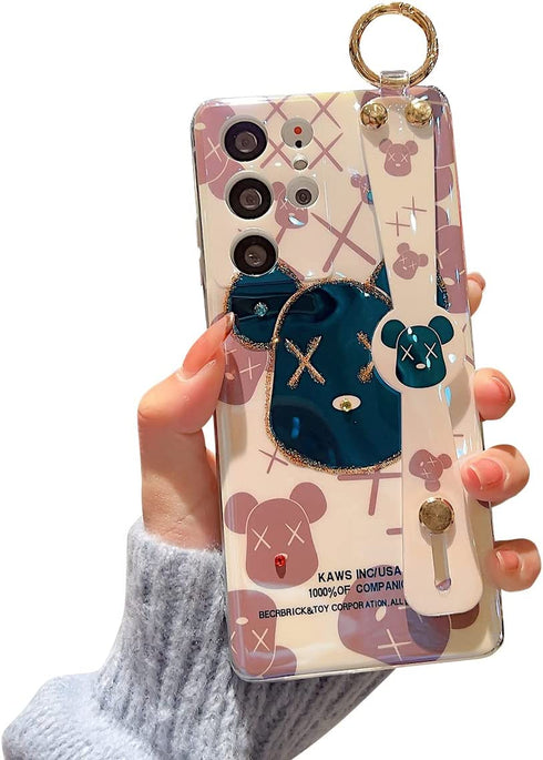 Lastma for Samsung Galaxy S21 Ultra Case Cute with Wrist Strap Kickstand S21 Ultra Case 5g Glitter Bling Cartoon IMD Soft TPU Shockproof Protective Phone Cases Cover for Girls and Women - X Bear