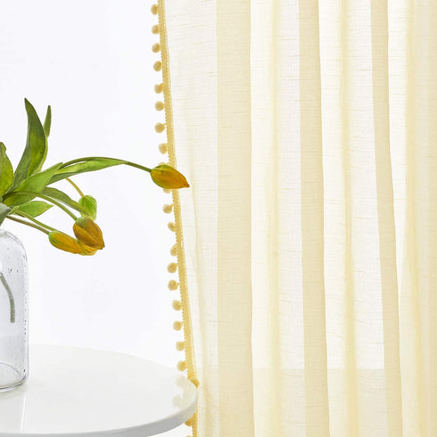 Pom-pom Sheer Curtains for Living Room, 84 inch Long Yellow Curtain Drapes for Kids Room 2 Panels Rod Pocket