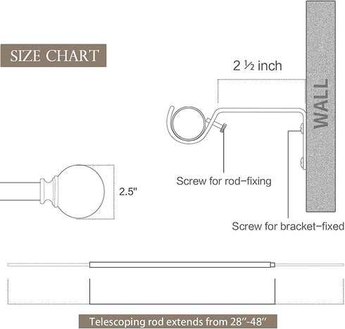 KAMANINA 3/4 Inch Curtain Rods, Round Finials, Bronze, 28-48 Inches Drapery Rod