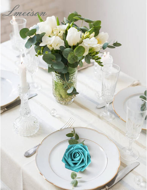 Lmeison Artificial Flowers Teal Green Roses, 50pcs Real Looking Foam Fake Roses with Stems for DIY Wedding Bouquets Centerpieces Valentine's Day Bridal Shower Party Tables Home Decorations