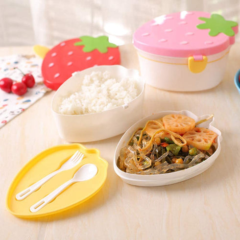 BESTONZON Bento Lunch Box Double Layer Strawberry Shape Food Containers with Cutlery Lunch Container Boxes for Toddler Kids (Random Color)