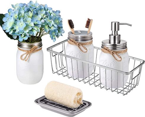 Mason Jar Bathroom Set?5 PCS?- Soap Dispenser, Toothbrush Holder & Flower Vase,Storage Organizer Basket & Soap Dish ,Vanity Organizer Bathroom Kitchen Farmhouse D©cor (5, Brushed Nickel)