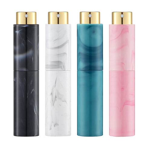 Tekson 10ML Perfume Atomizer Travel (4 PCS), Refillable Cologne Containers, Dispenser Spray Empty Bottle for Mini Sprayer Size (Black&Pink&White&Blue, Marble)