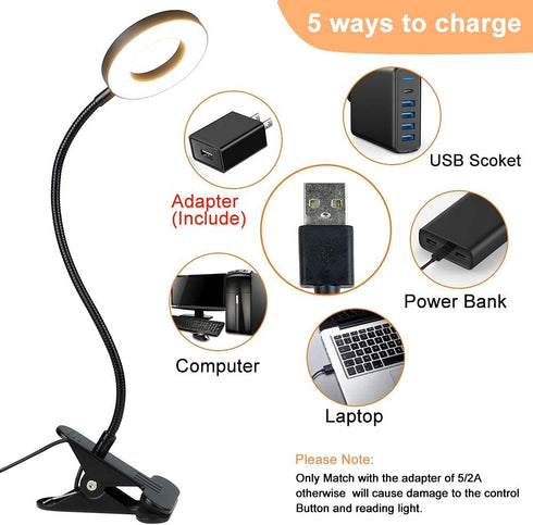DLLT Dimmable Clip on Light, 48 LED USB Book Reading Light, Color Changeable Night Light Clip on for Desk, Bed Headboard, Makeup Mirror, Dorm Room, Computer, Piano Lighting, 15 Brightness (Black)