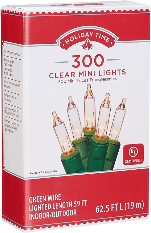 Holiday Time 300 Clear Mini Lights, Green Wire, 62.5 Feet