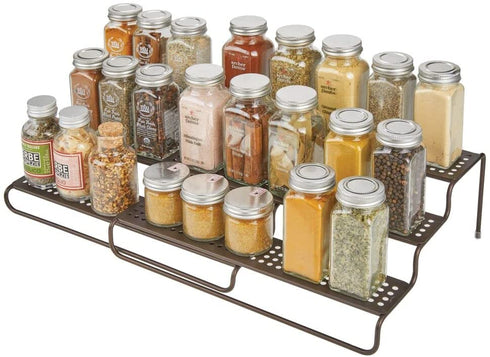 mDesign Adjustable, Expandable Kitchen Wire Metal Storage Cabinet, Cupboard, Food Pantry, Shelf Organizer Spice Bottle Rack Holder - 3 Level Storage - Up to 25" Wide - Bronze