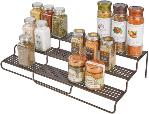 mDesign Adjustable, Expandable Kitchen Wire Metal Storage Cabinet, Cupboard, Food Pantry, Shelf Organizer Spice Bottle Rack Holder - 3 Level Storage - Up to 25" Wide - Bronze