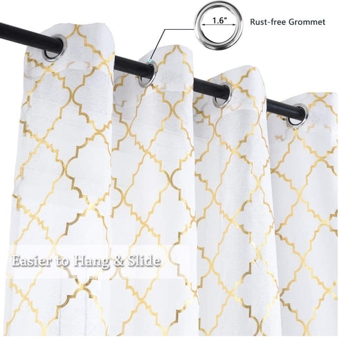 Kotile White Sheer Window Curtains Set of 2 Panels - Gold Moroccan Tile Lattice Pattern Drapes for Living Room, 52 x 95 Inch