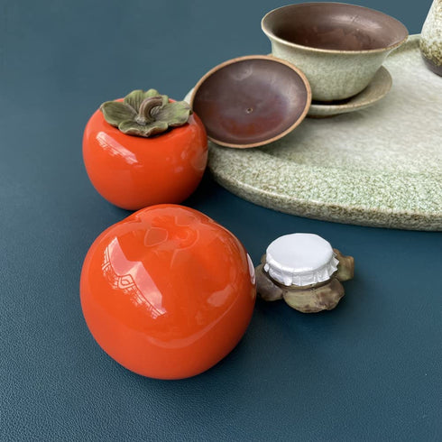 2 PackCeramic tea Storage Container Tea tins,Tea Seal Jar and well-made cute Persimmon Canister, Tea caddy with Lid Kitchen be a suitable container for loose tea, herbs, spices, salt